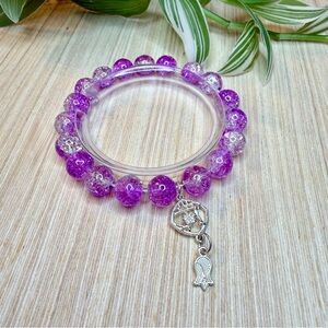 Purple Glass Crackle Bead Stretch Bracelet with Silver Floral Charm | Handmade